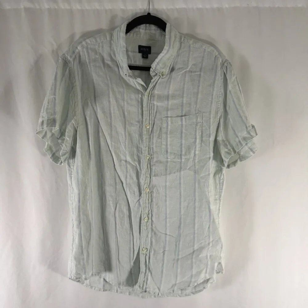 J. Crew 100% Linen Shirt Men's Large Green Blue Striped Short Sleeve Button Up